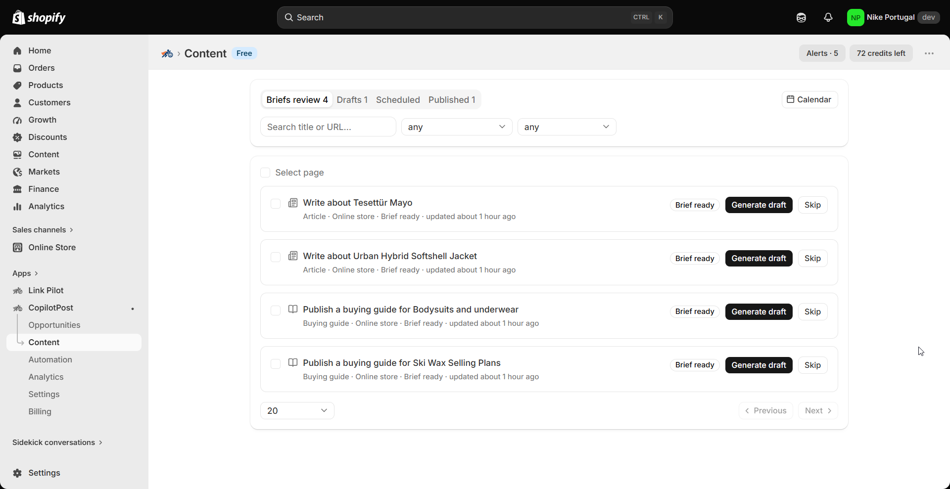 Published items tracked in Content