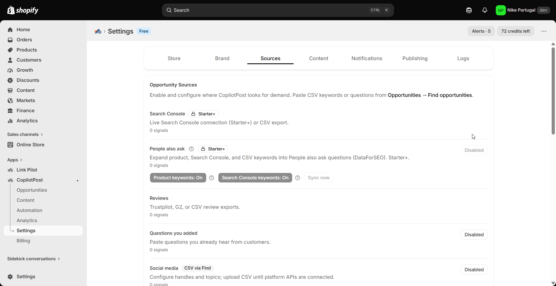 Sources settings with GSC and reviews
