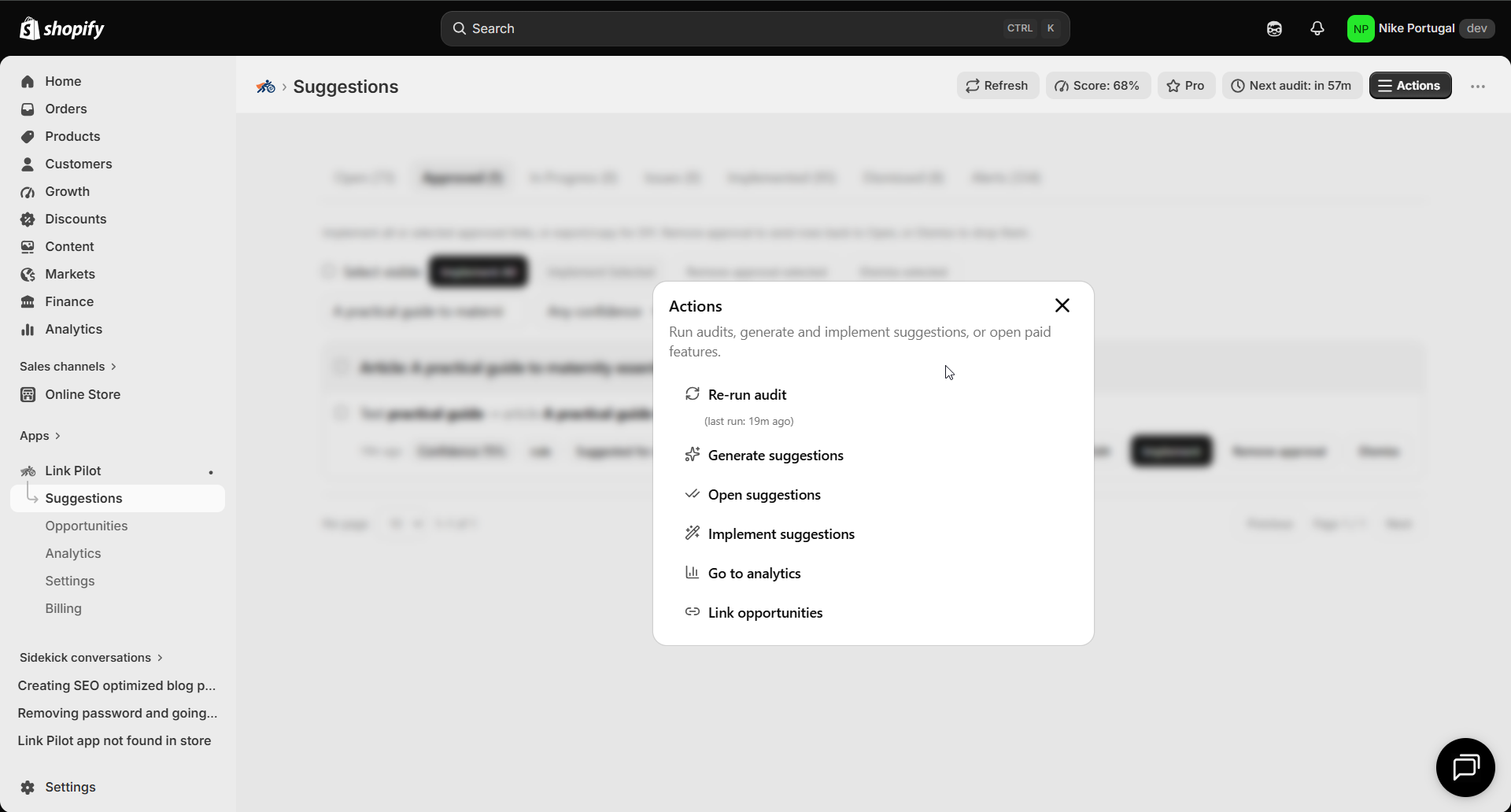 Link Pilot app navigation with Overview, Suggestions, Opportunities, Analytics, Settings, and Billing