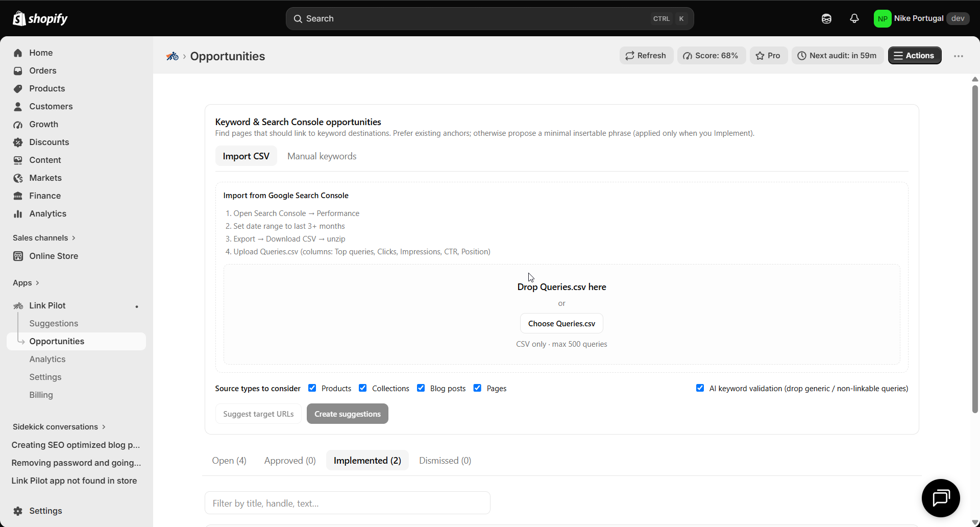 Link Pilot Opportunities CSV import for Google Search Console queries