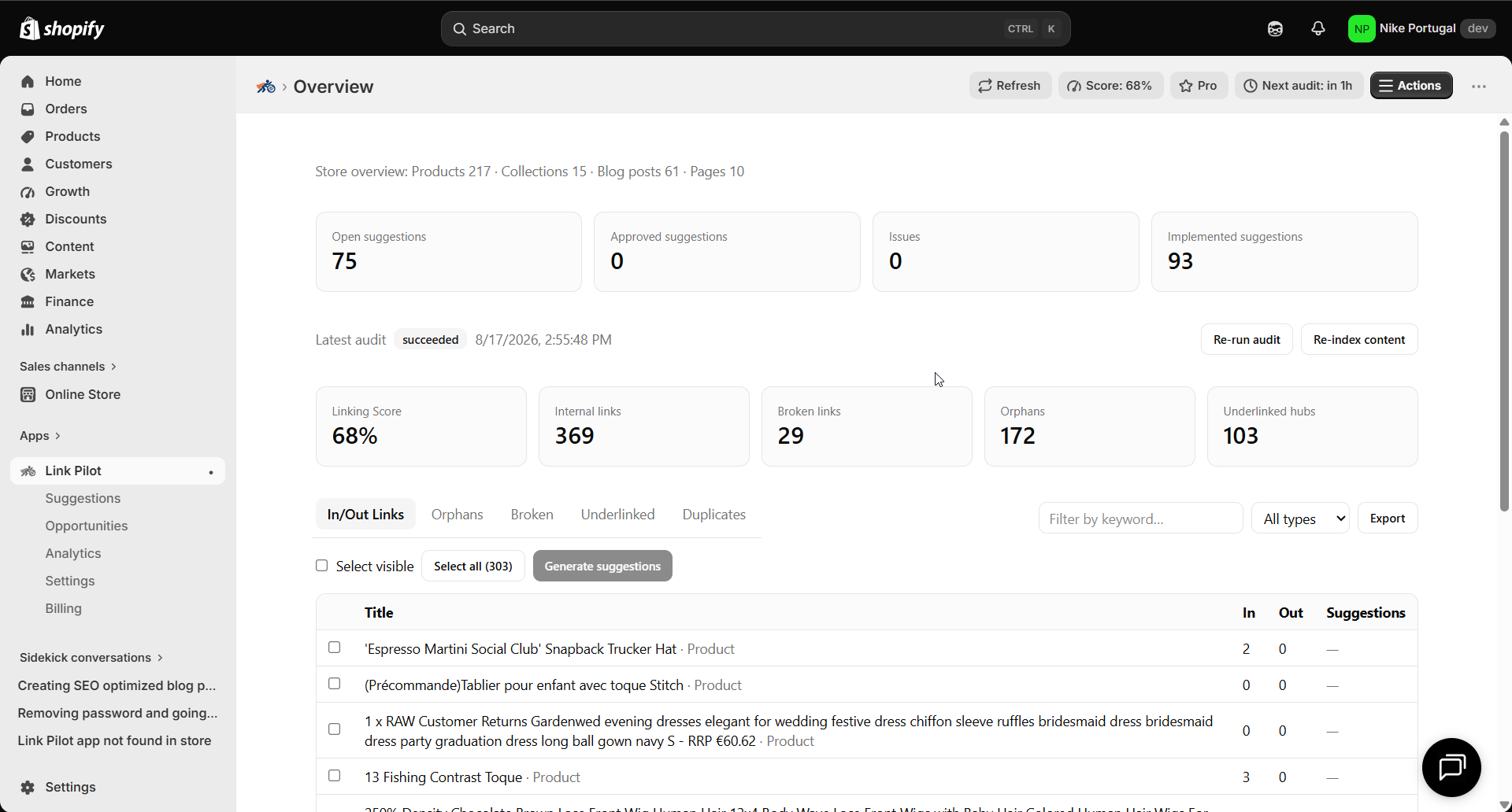 Link Pilot content graph showing inbound and outbound links by resource