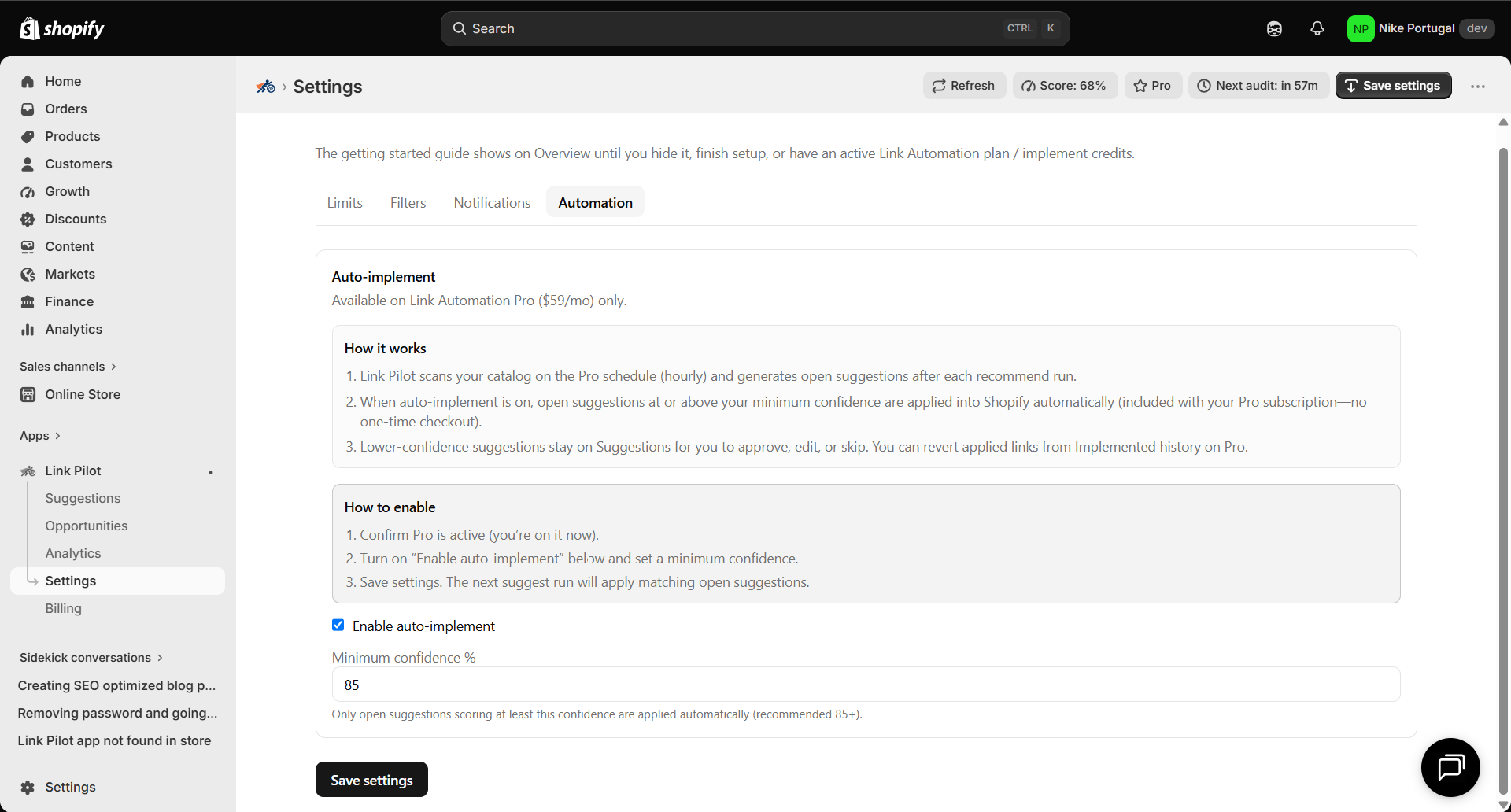 Link Pilot Settings Automation with auto-implement confidence threshold