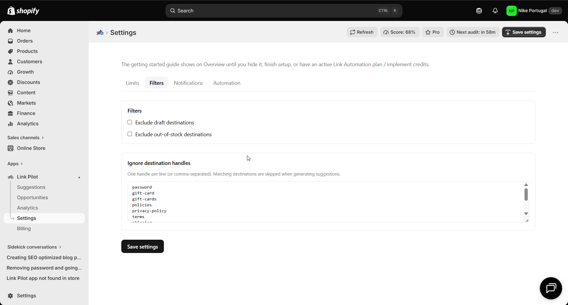 Link Pilot Settings Filters for draft, out of stock, and ignore handles