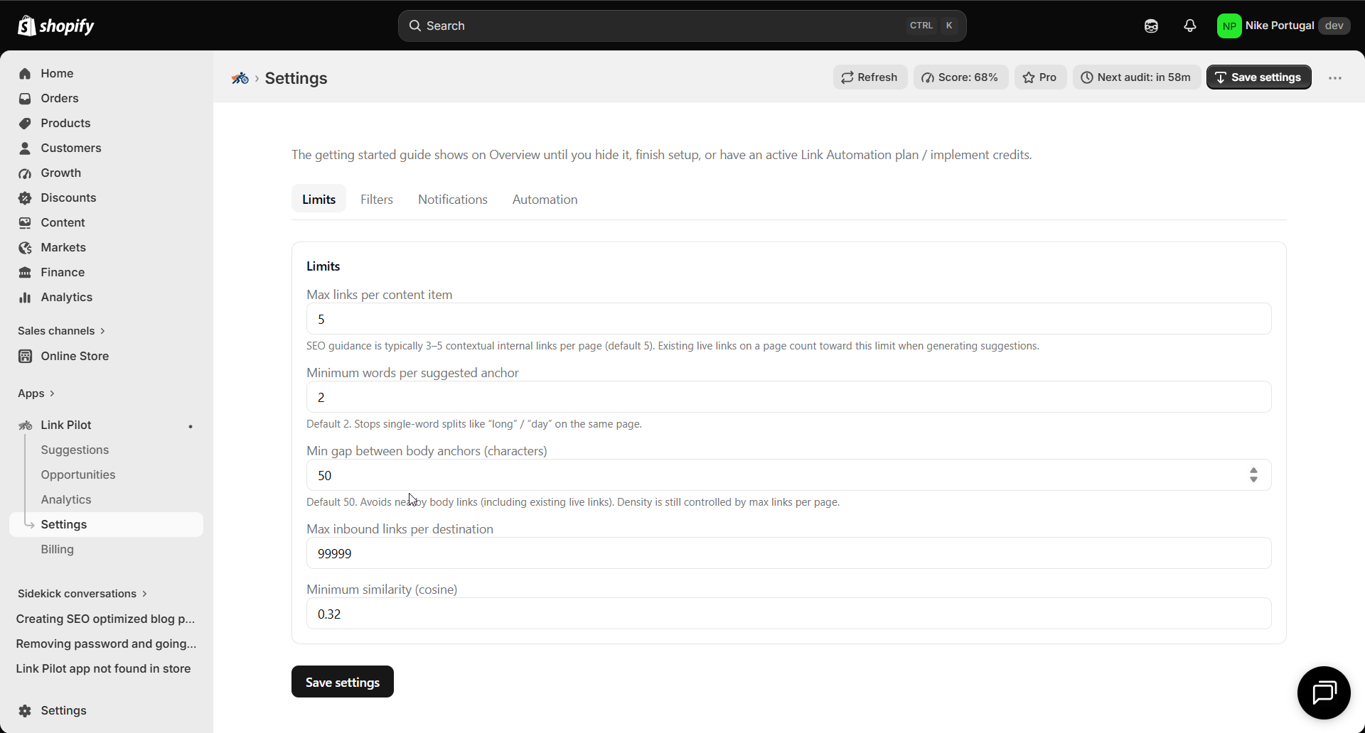 Link Pilot Settings Limits tab for max links and anchor spacing