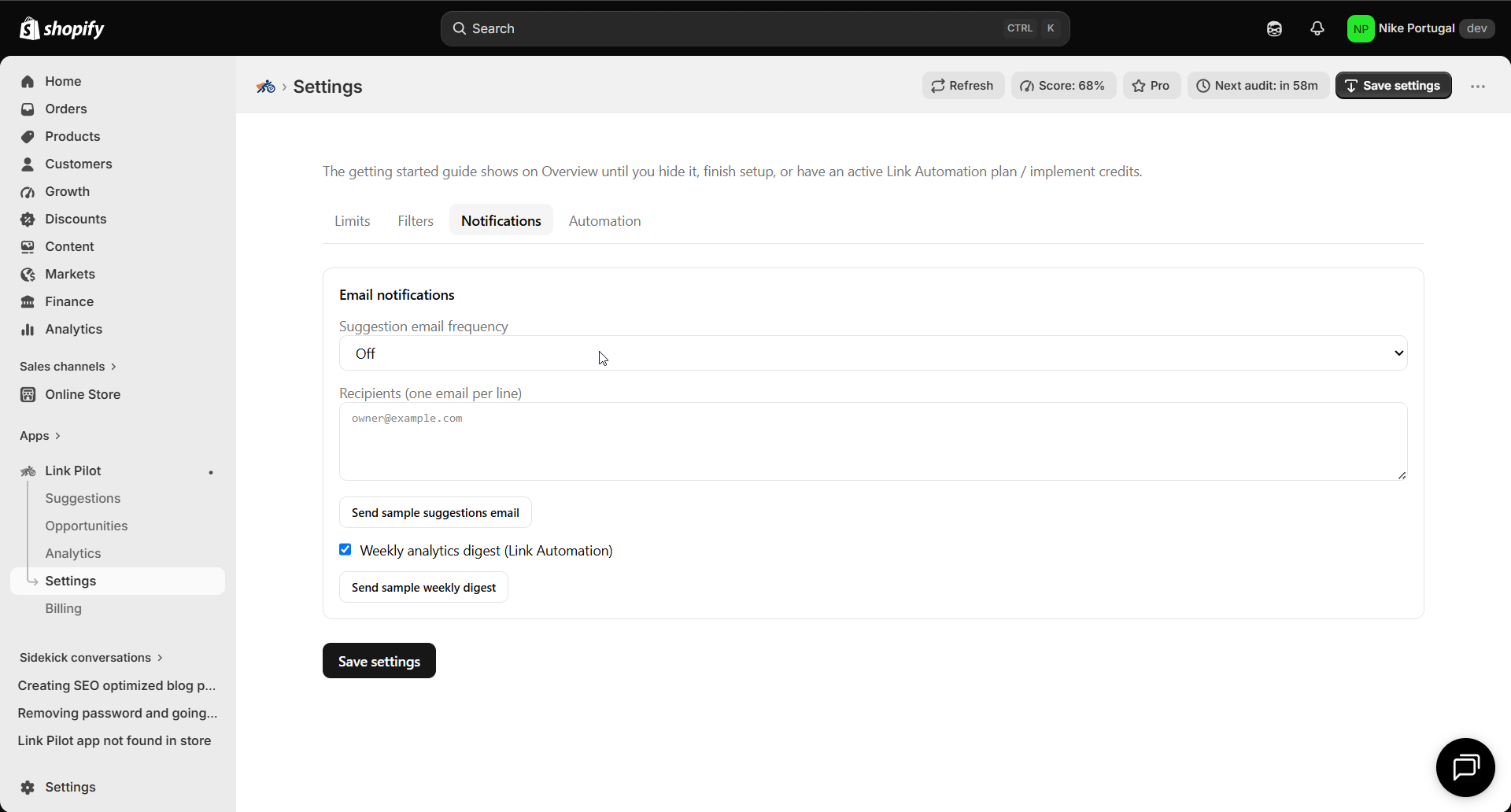 Link Pilot Settings Notifications for digests and alerts
