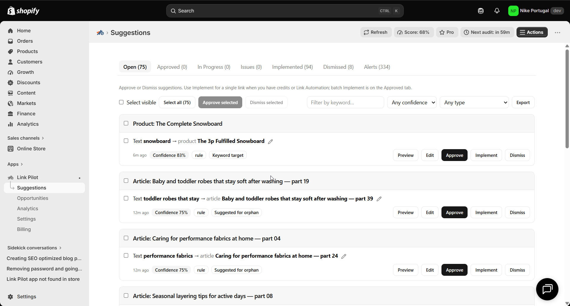 Suggestions list with type tags such as Keyword target and Suggested for orphan