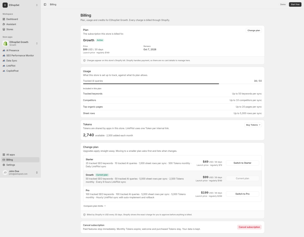 Billing Tokens balance