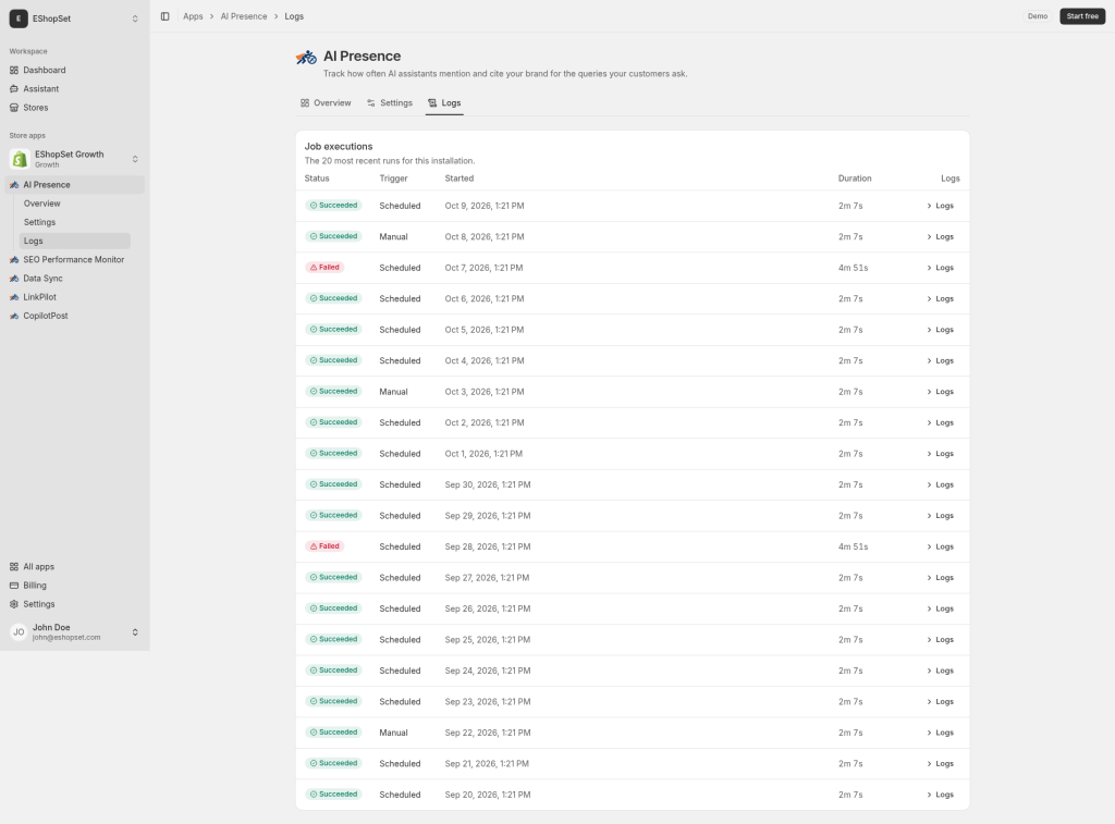 AI Presence run history