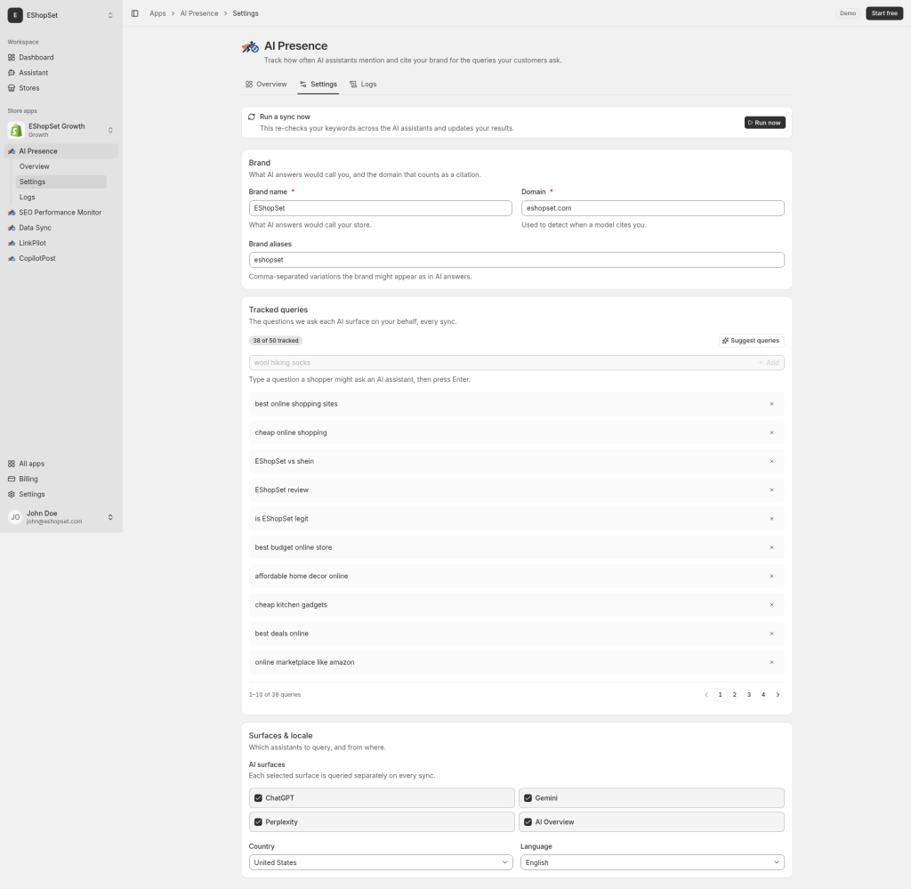 AI Presence settings