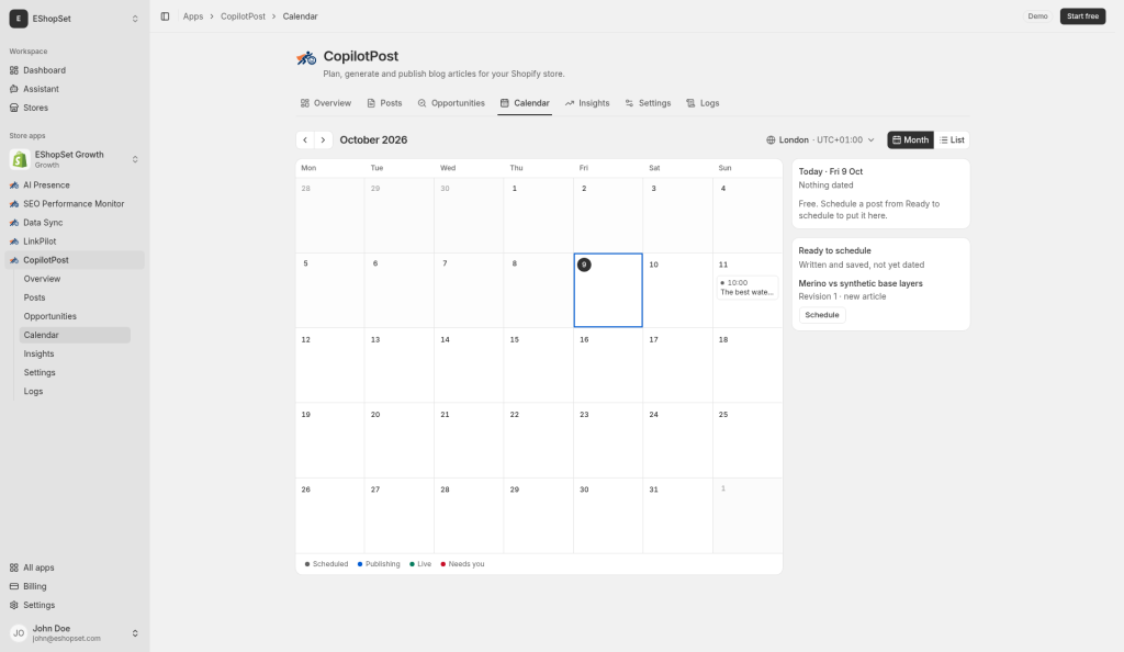 Publishing calendar