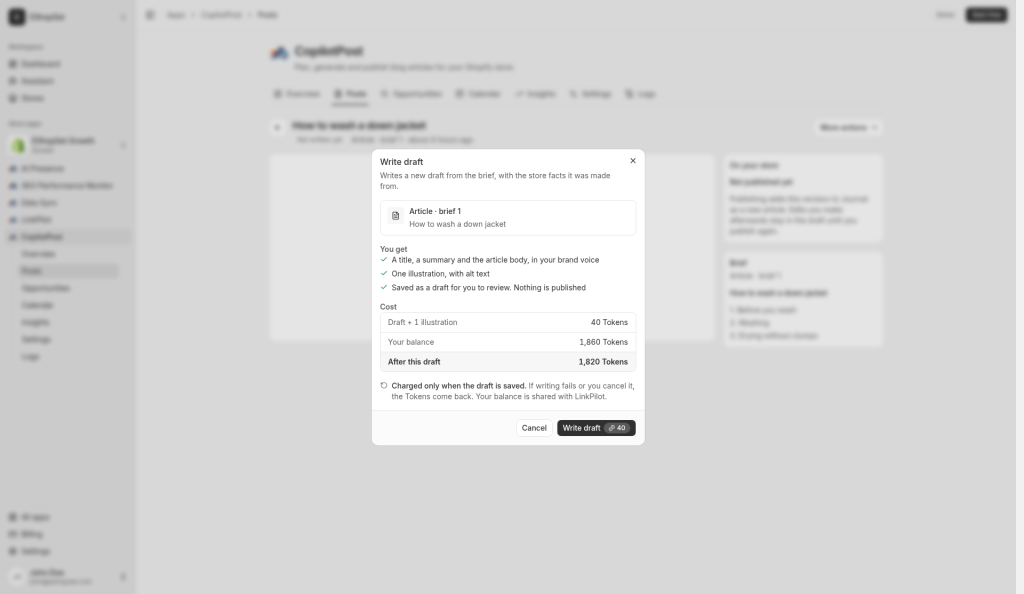 Write draft dialog with Tokens price