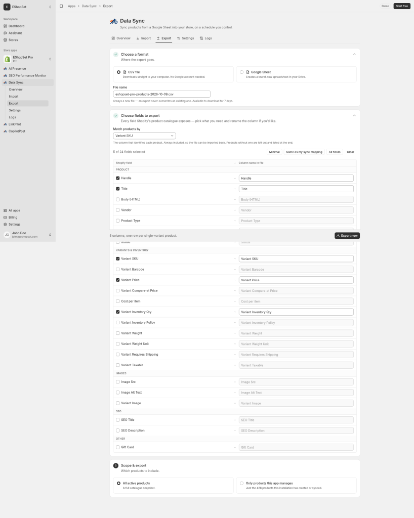 Export form with fields and scope