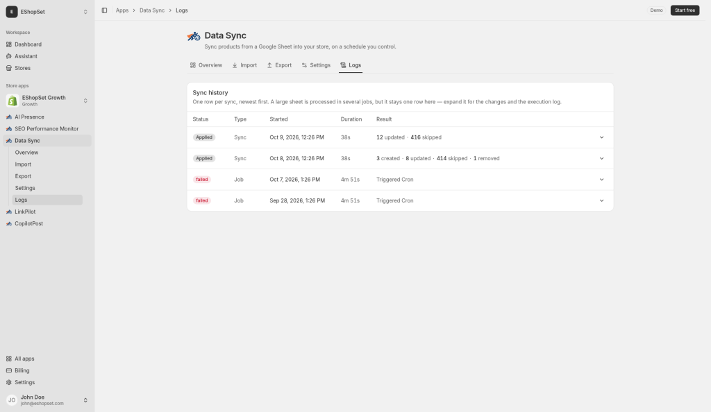 Sync history