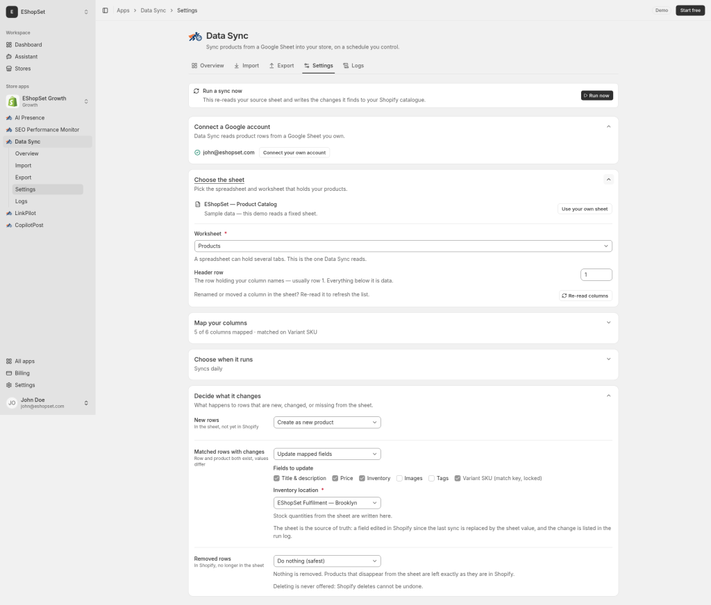 Google connection and sheet selection