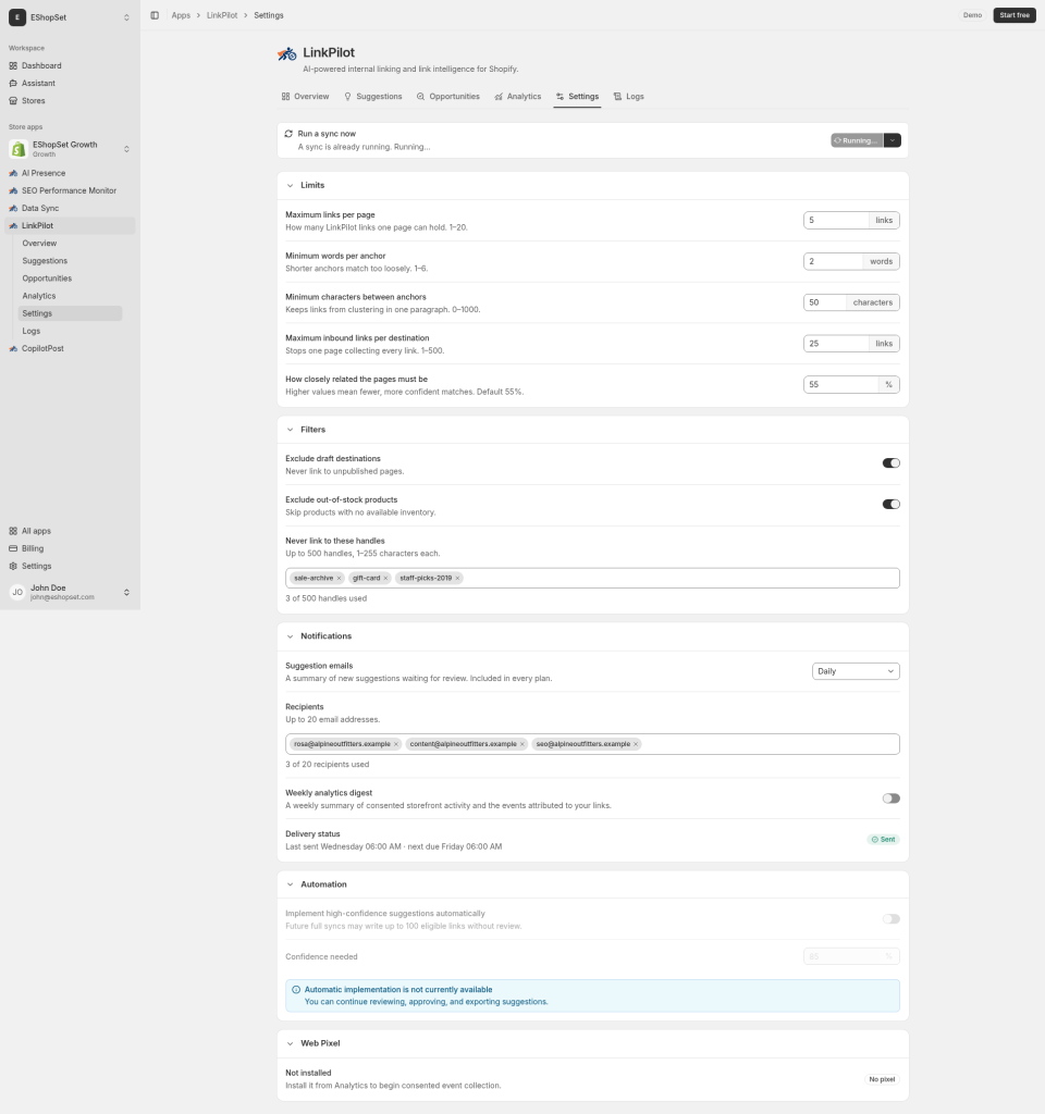 Link Pilot Settings Limits tab for max links and similarity