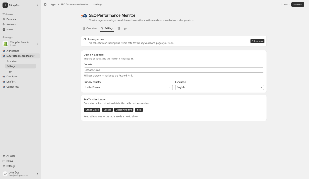 SEO Settings: domain, locale, and tracked countries