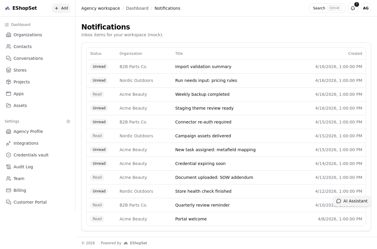 Agency view — activity and updates